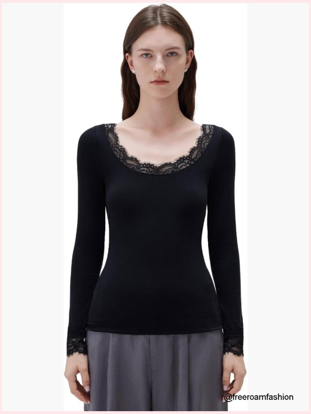Scoop Neck Lace Long Sleeve Top - Cashmere Blend Slim Fit
